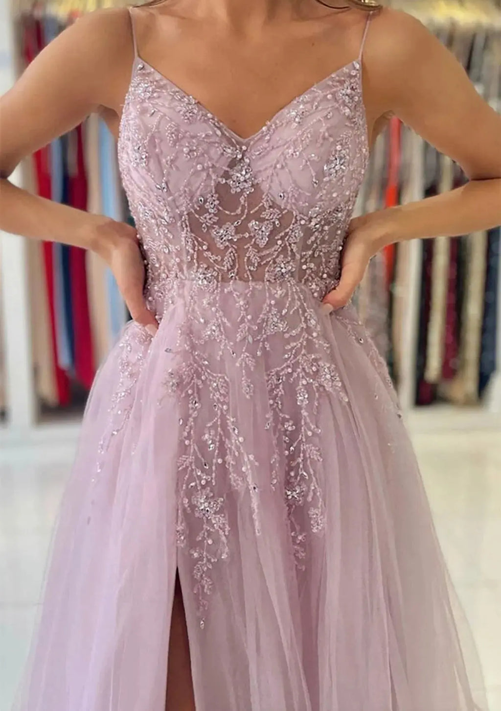 A-line V Neck Spaghetti Straps Sweep Train Tulle Prom Dresses With Beading Sequins Split