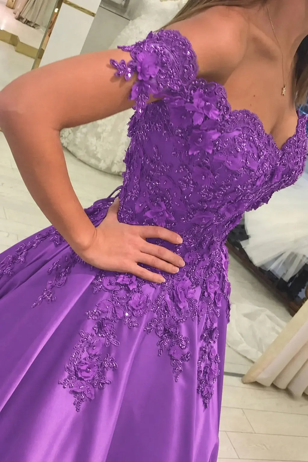 Appliquéd Off-the-Shoulder Satin Princess Prom Dress with Beads