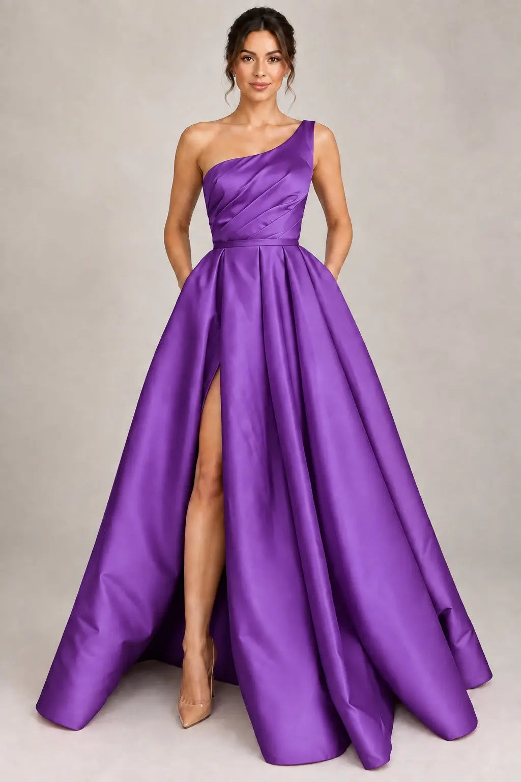 A-line Sleeveless One-Shoulder Long/Floor-Length Satin Prom Dress With Split Ruffles Pockets