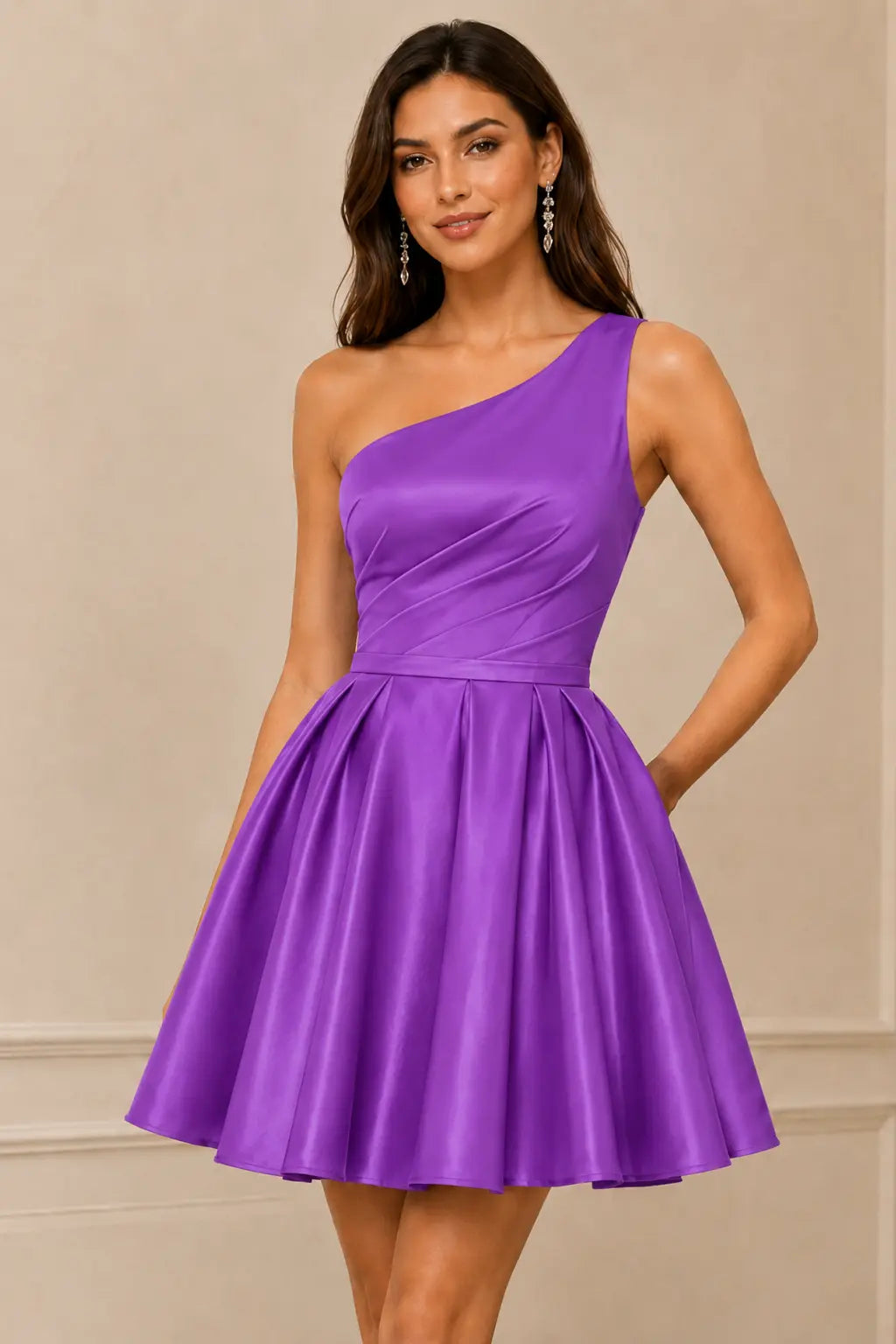 Green One Shoulder Satin Mini A Line Homecoming Dress With Pockets