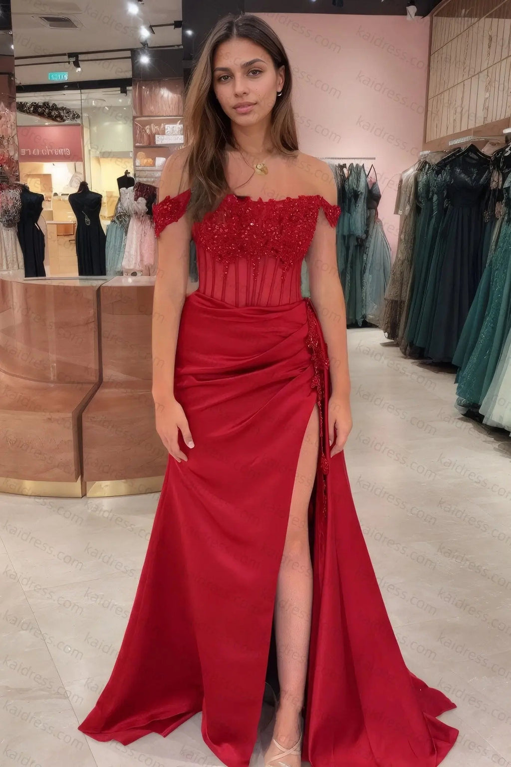 Sheath/Column Off the Shoulder Satin Beaded Prom Dress Burgundy With Appliques Prom Gown