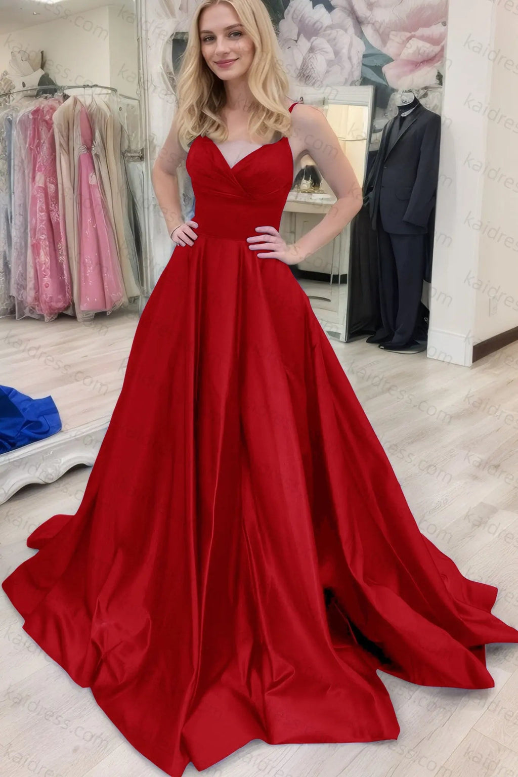 A-line V Neck Sleeveless Court Train Satin Prom Dresses With Bowknot Pleated Waistband