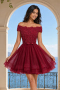 Burgundy Lace Off Shoulder A Line Short Homecoming Dress