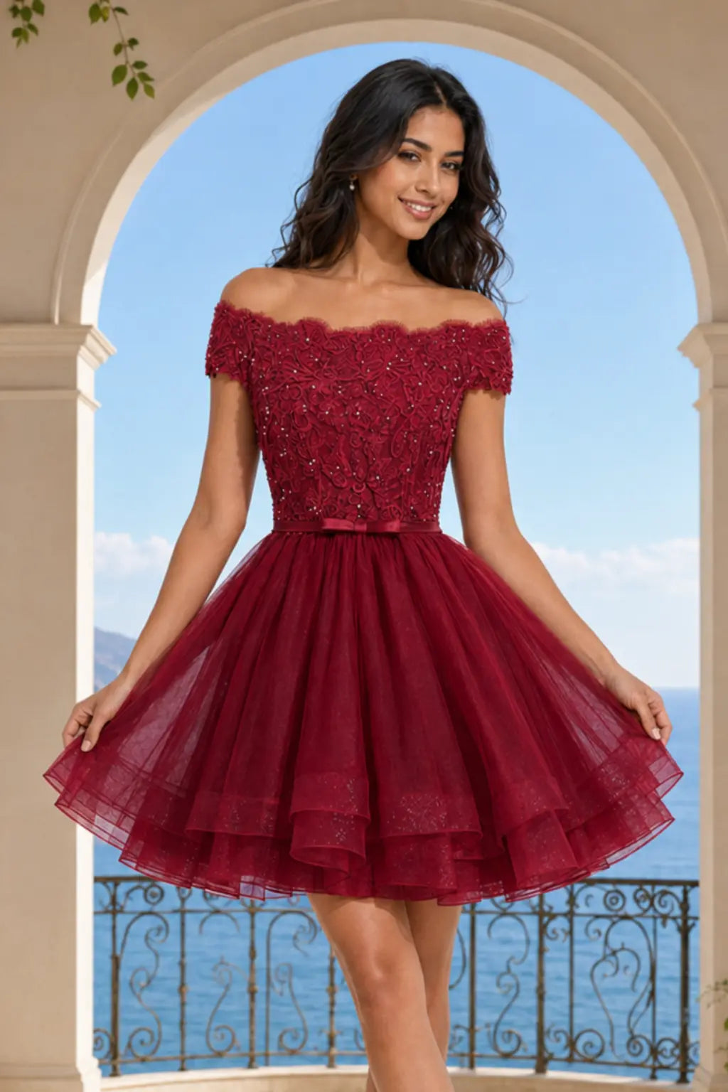 Burgundy Lace Off Shoulder A Line Short Homecoming Dress