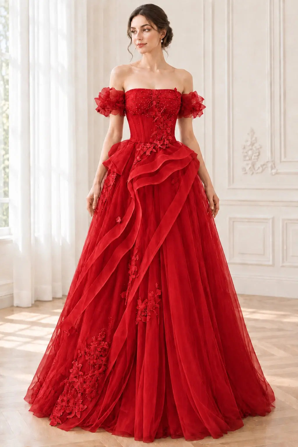 A-Line/Princess Green Tulle Long Floor Length Prom Dress Lace Evening Dress