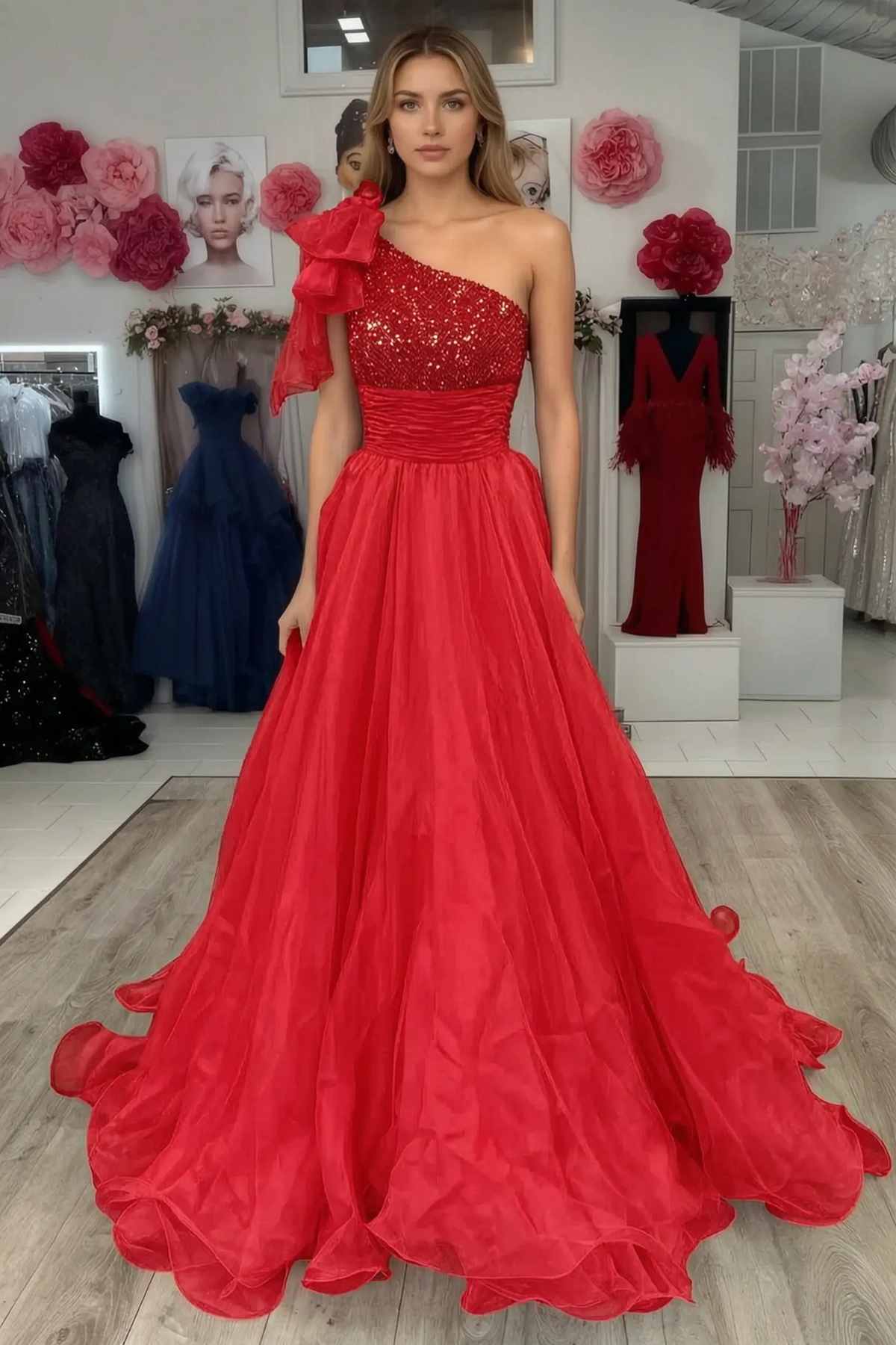 A Line Sparkly Sky Blue One Shoulder Long Prom Dress with Beading