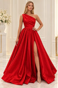 Princess One Shoulder Satin Long Black Prom Dress Formal Evening Gowns