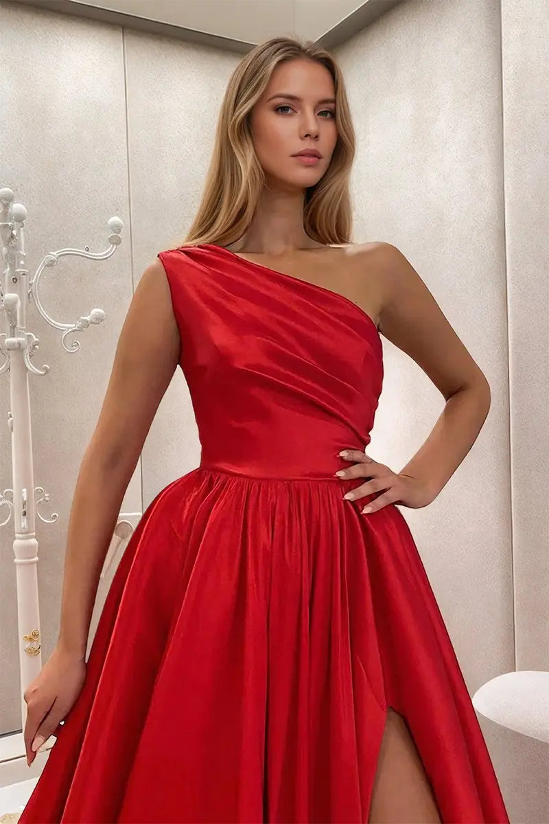 Princess One Shoulder Satin Long Black Prom Dress Formal Evening Gowns