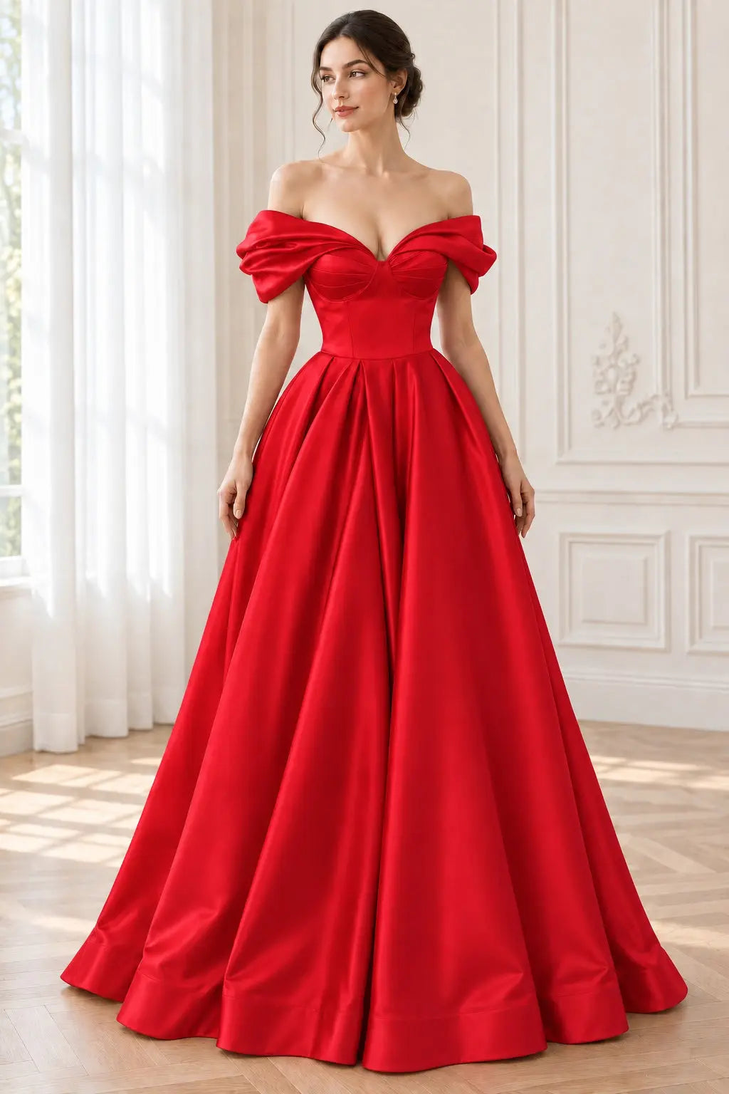 A-line Off-the-Shoulder Short Sleeve Satin Long/Floor-Length Prom Dresses With Ruffles Split