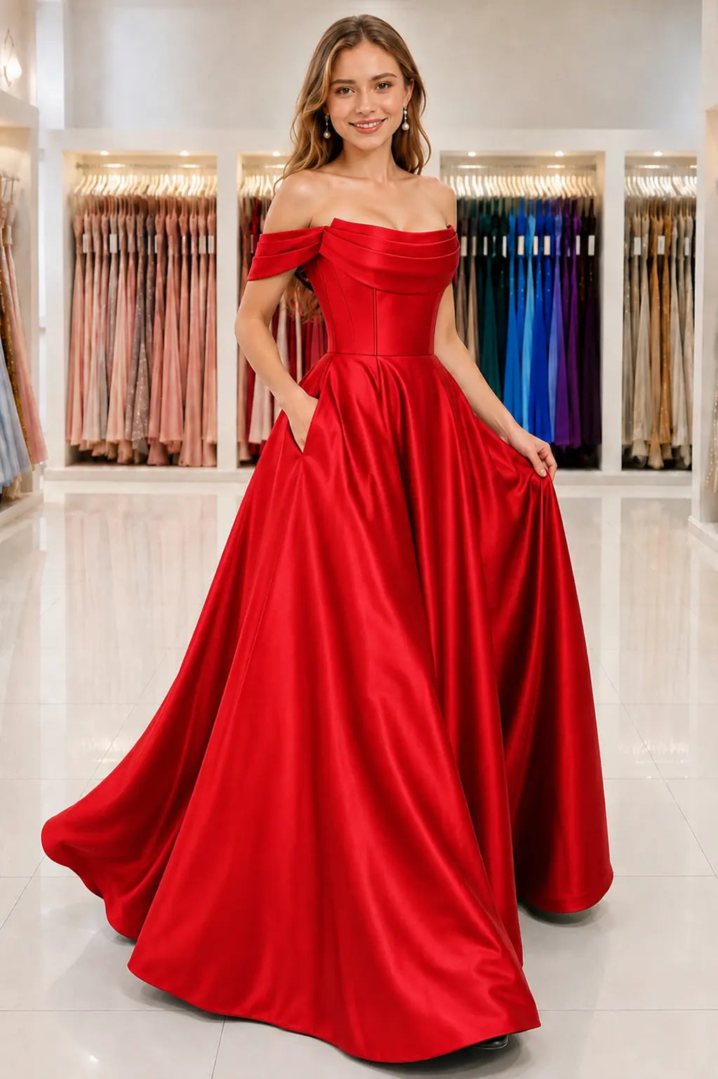 A-Line Satin Long Prom Dress. Simple Off the Shoulder Evening Party Dress With Pockets