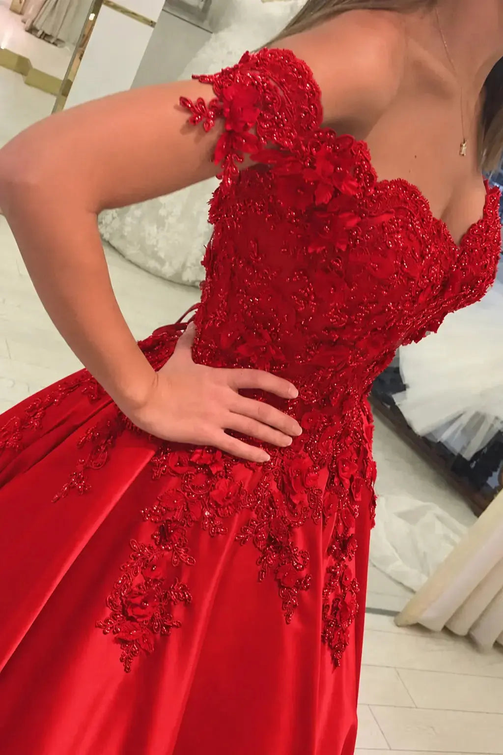 Appliquéd Off-the-Shoulder Satin Princess Prom Dress with Beads