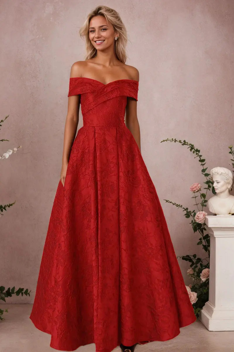 A-Line Off Shoulder Satin Burgundy Long Prom Dress Floral Jacquard Formal Ball Gowns