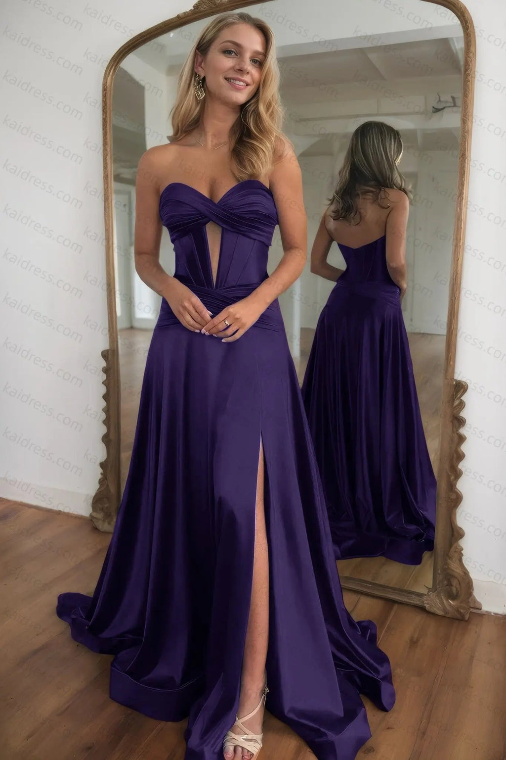 A-line Strapless Silk Long Blue Prom Dresses Elegant Evening Dress