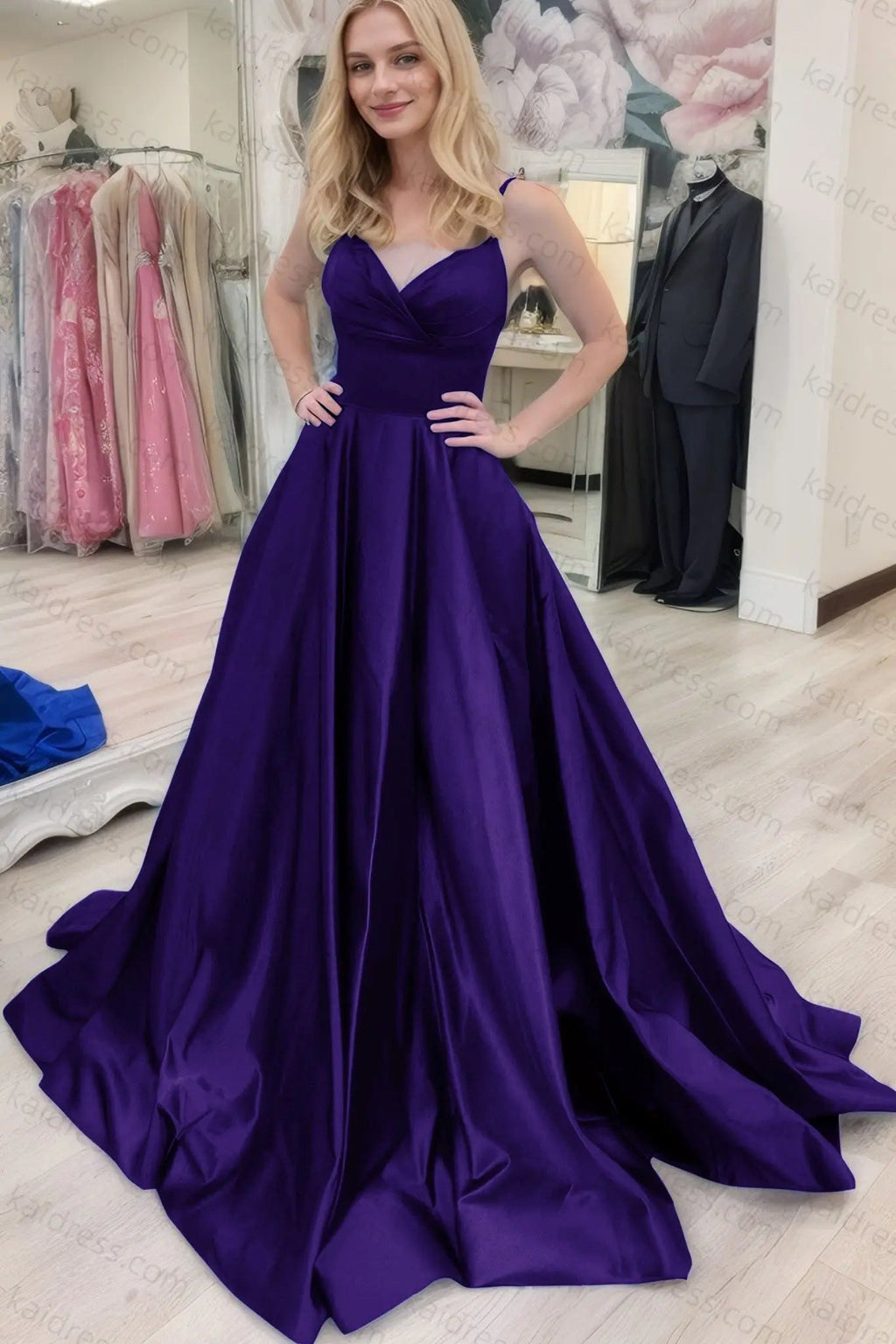 A-line V Neck Sleeveless Court Train Satin Prom Dresses With Bowknot Pleated Waistband