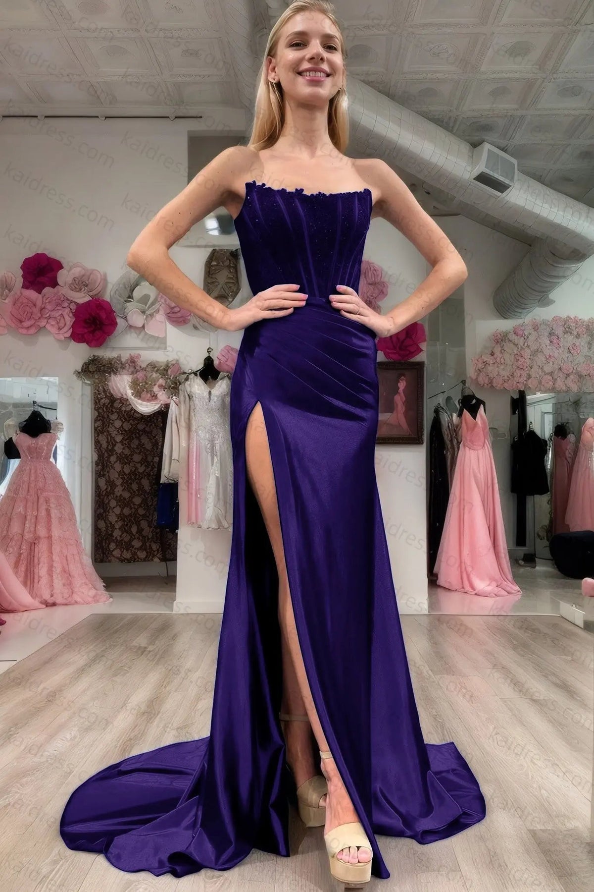 Sheath/Column Elastic Woven Satin Ruched Off-the-Shoulder Sleeveless Sweep/Brush Train Prom Dresses