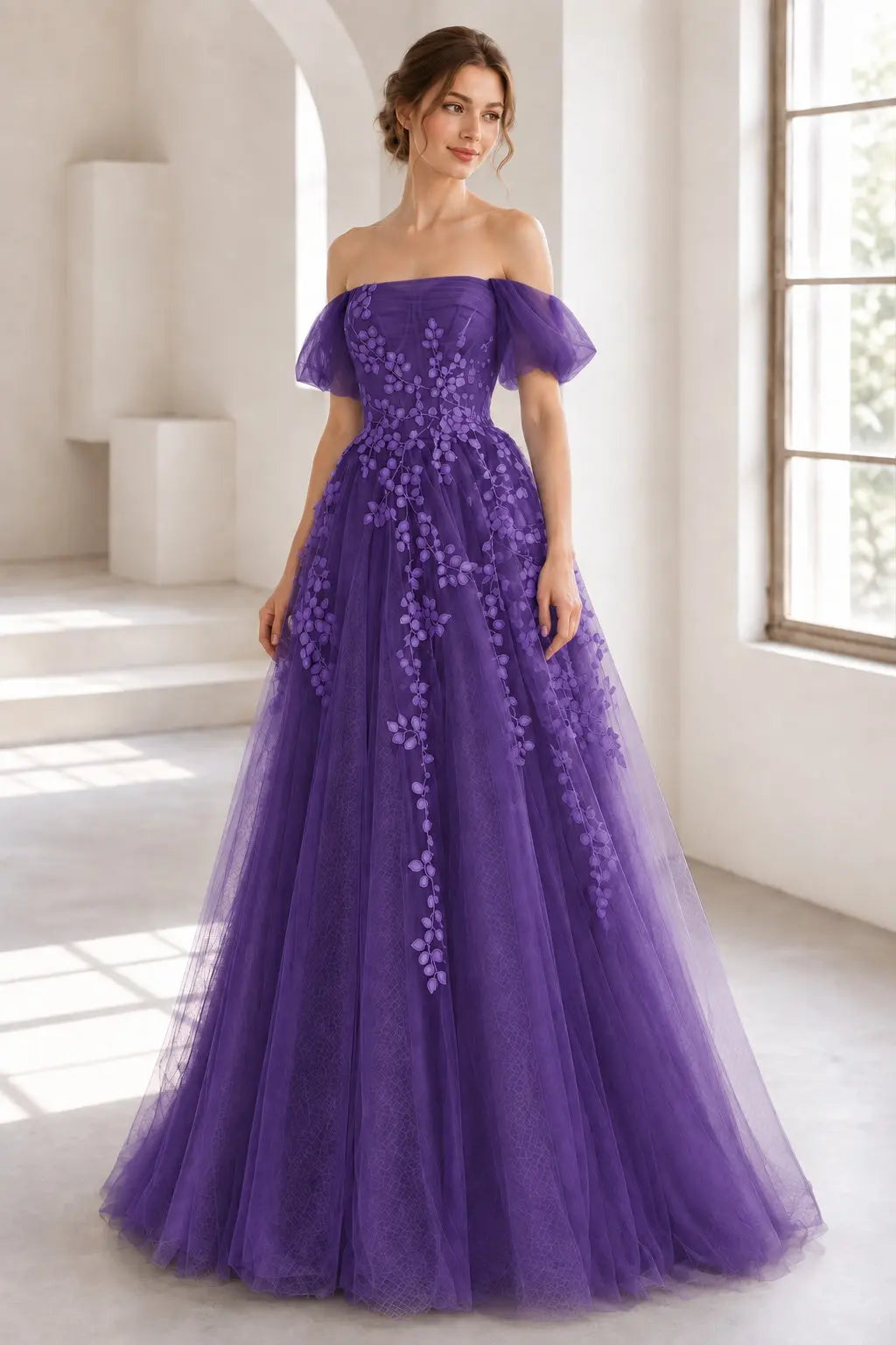 A-Line Tulle Lace Long Prom Dress Off the Shoulder Formal Evening Dress