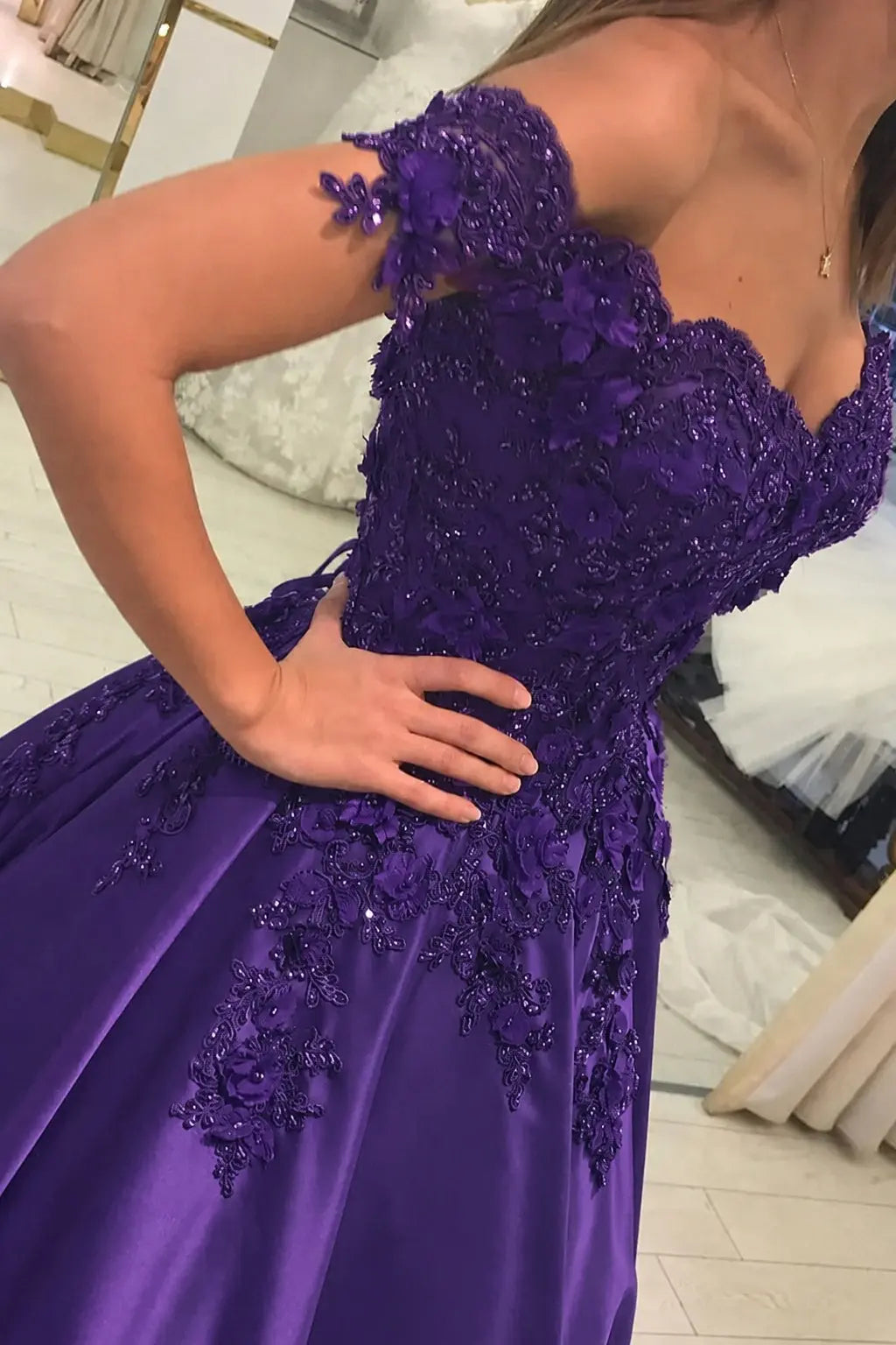 Appliquéd Off-the-Shoulder Satin Princess Prom Dress with Beads