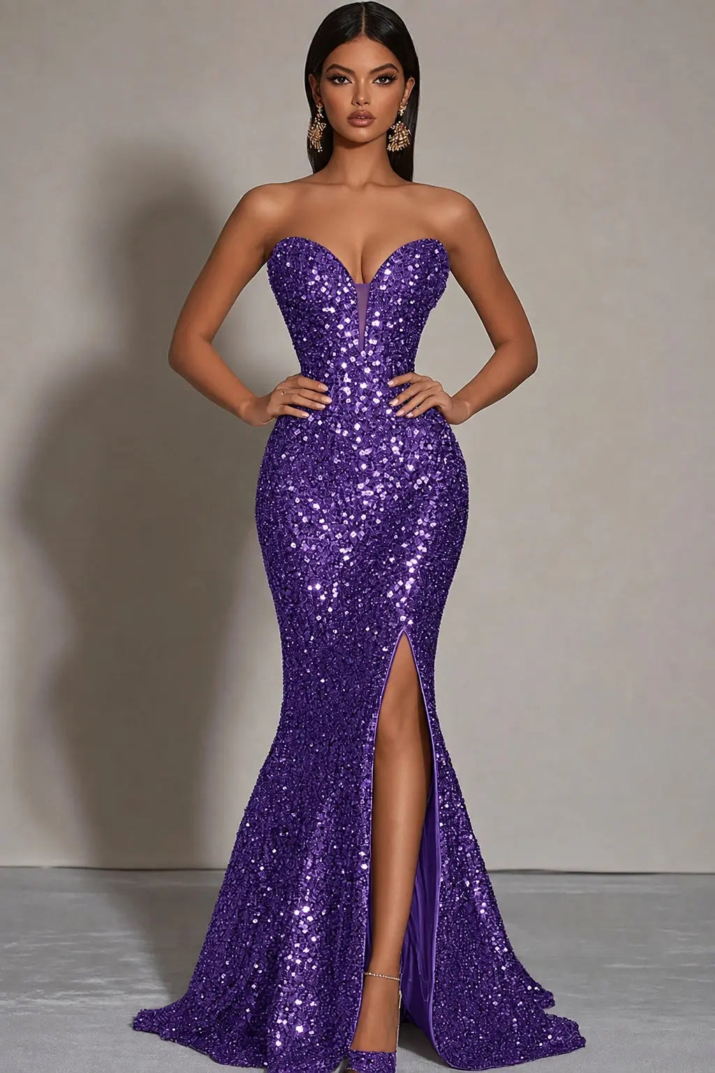 Sparkly Gold Sequins Mermaid Strapless Long Formal Dress with Slit