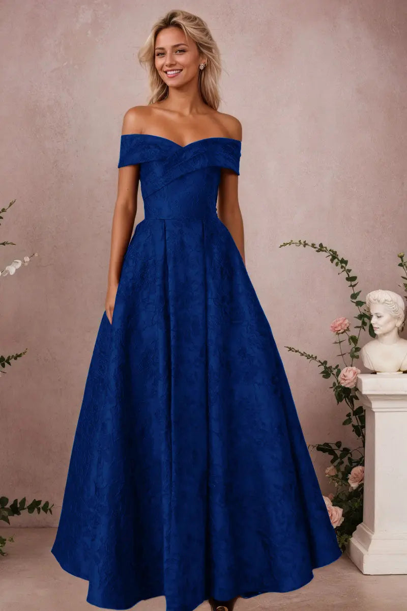 A-Line Off Shoulder Satin Burgundy Long Prom Dress Floral Jacquard Formal Ball Gowns