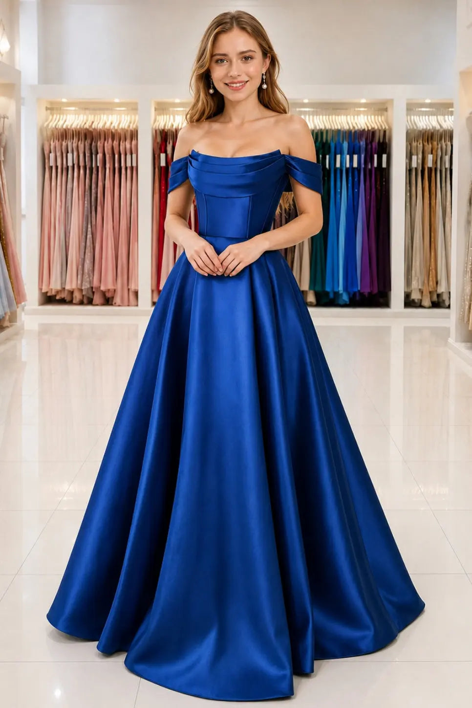 A-Line Satin Long Prom Dress. Simple Off the Shoulder Evening Party Dress With Pockets