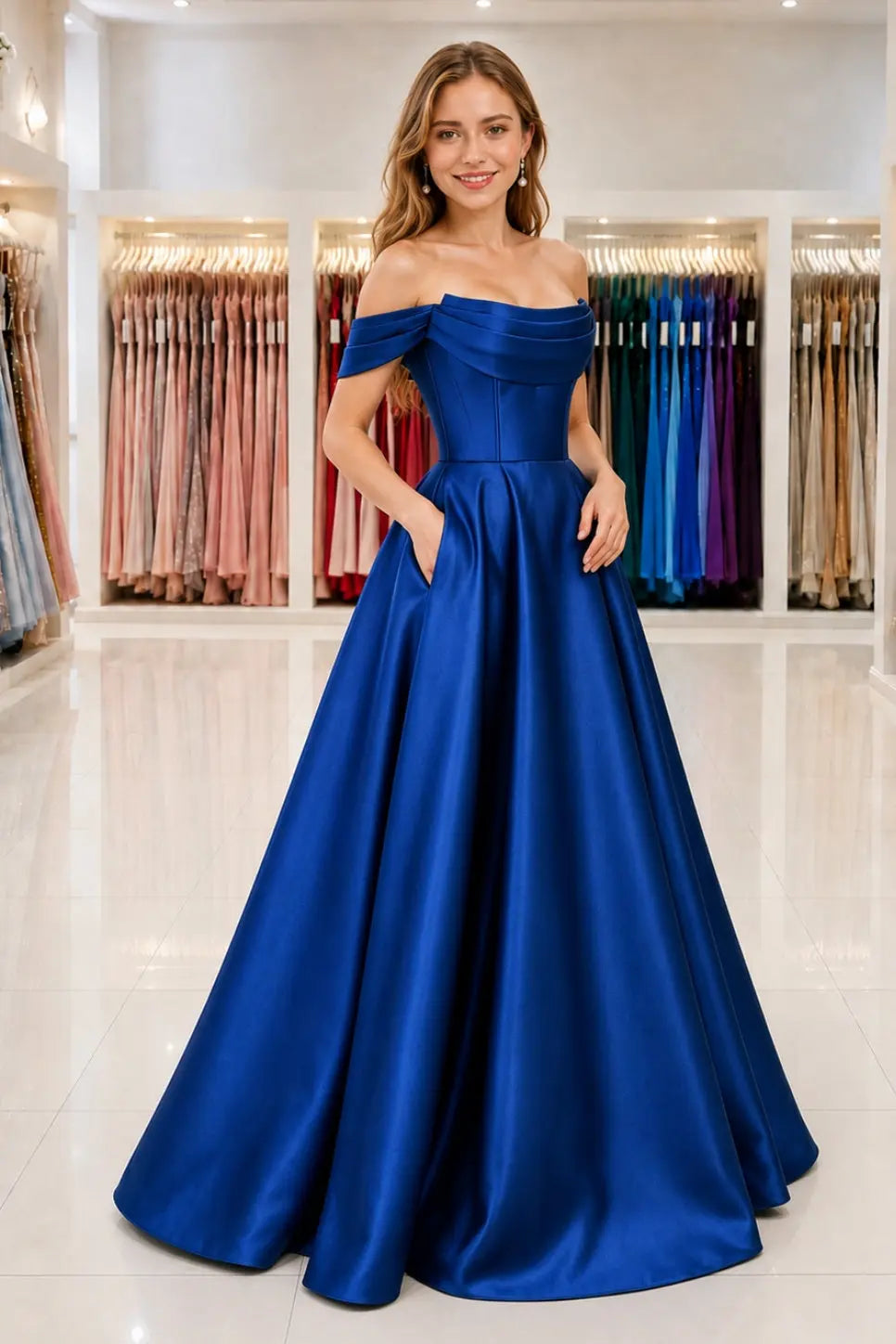 A-Line Satin Long Prom Dress. Simple Off the Shoulder Evening Party Dress With Pockets