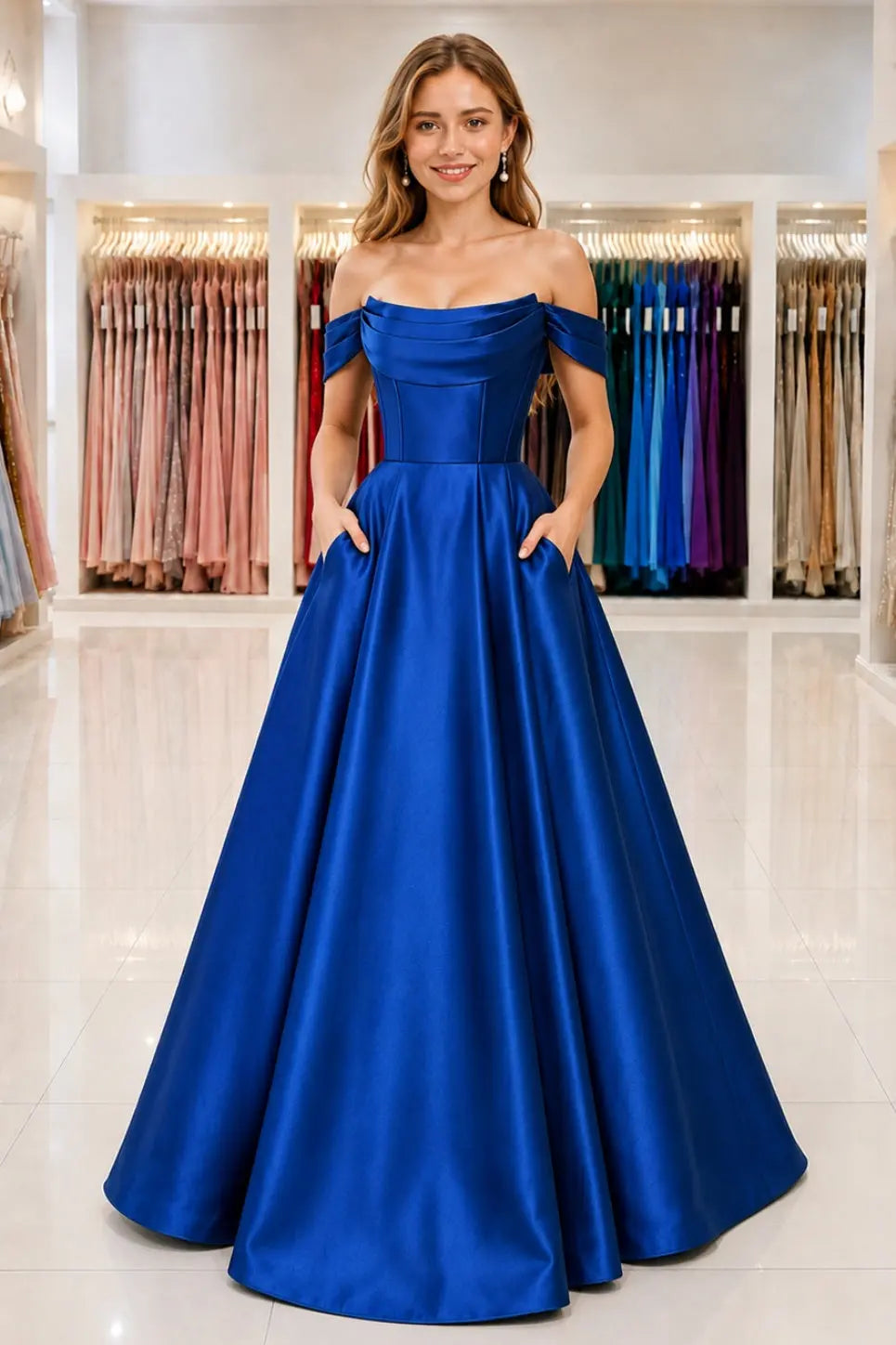 A-Line Satin Long Prom Dress. Simple Off the Shoulder Evening Party Dress With Pockets