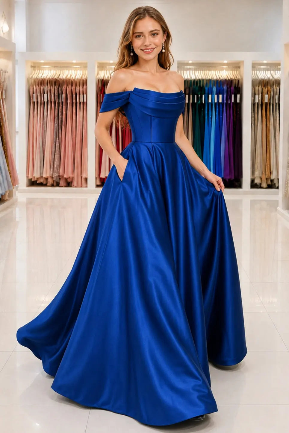 A-Line Satin Long Prom Dress. Simple Off the Shoulder Evening Party Dress With Pockets