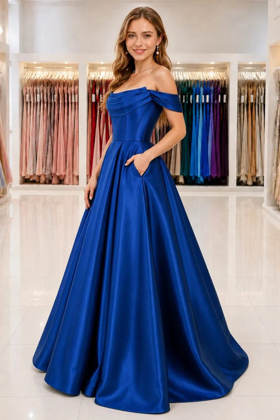 A-Line Satin Long Prom Dress. Simple Off the Shoulder Evening Party Dress With Pockets
