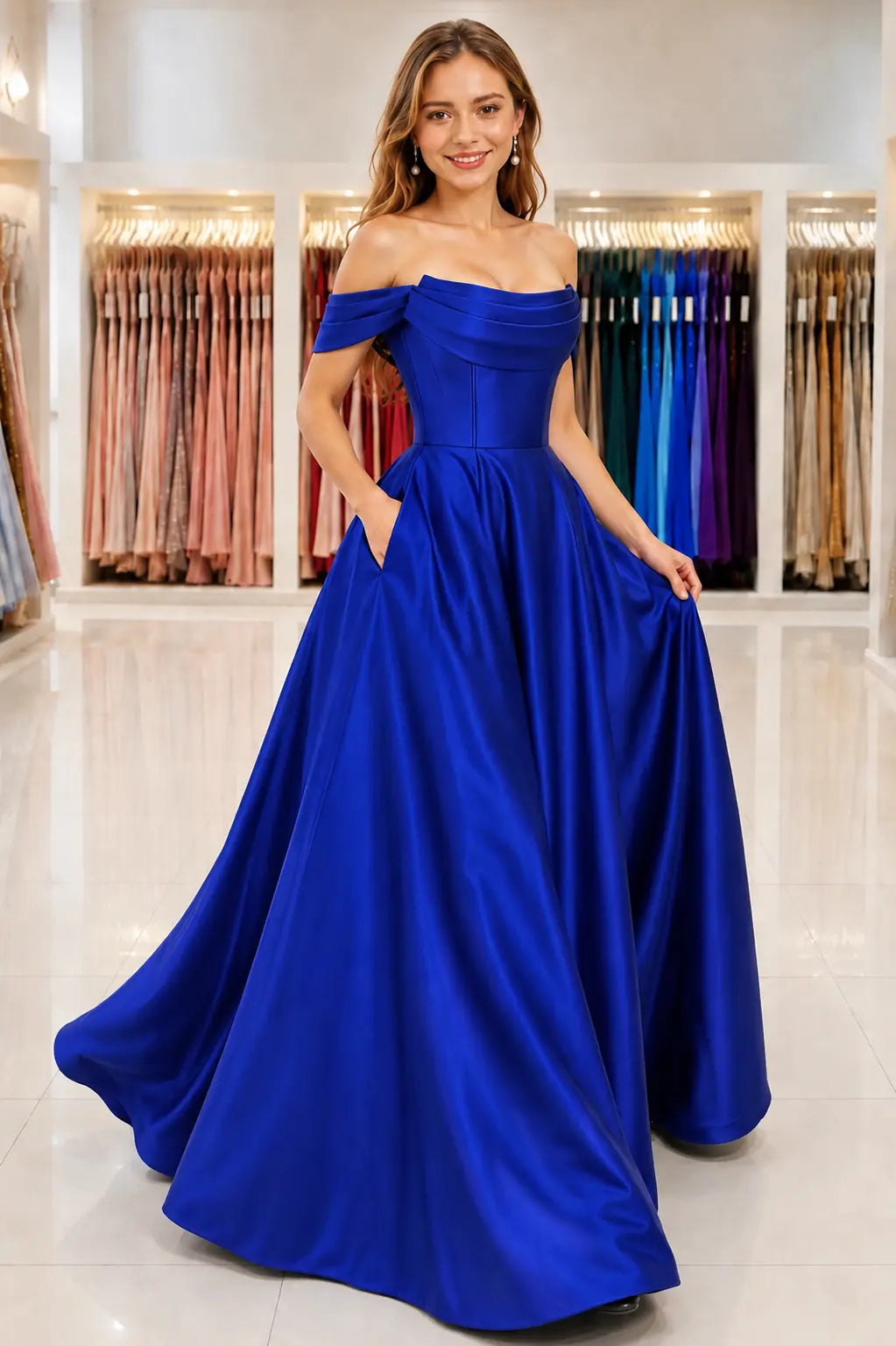 A-Line Satin Long Prom Dress. Simple Off the Shoulder Evening Party Dress With Pockets