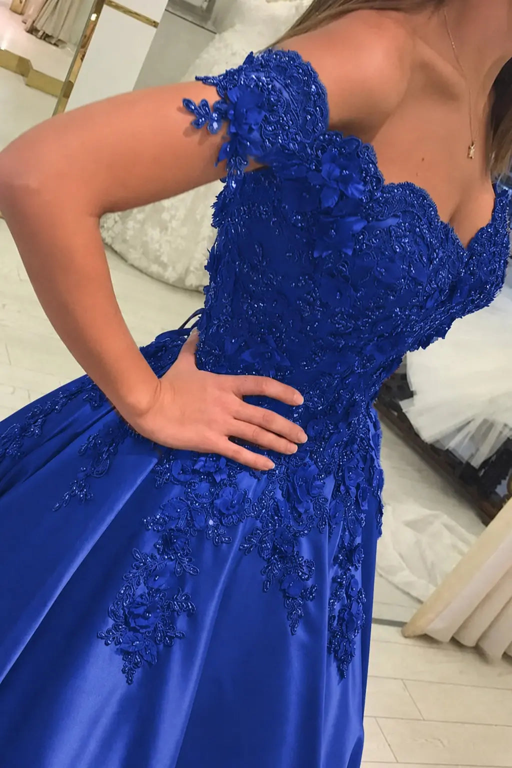 Appliquéd Off-the-Shoulder Satin Princess Prom Dress with Beads