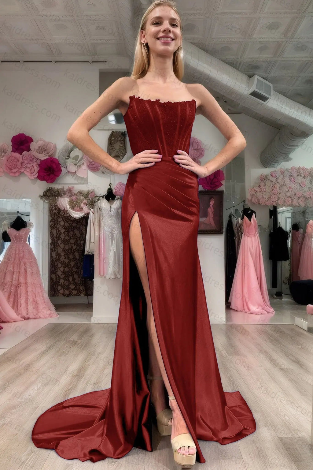 Sheath/Column Elastic Woven Satin Ruched Off-the-Shoulder Sleeveless Sweep/Brush Train Prom Dresses