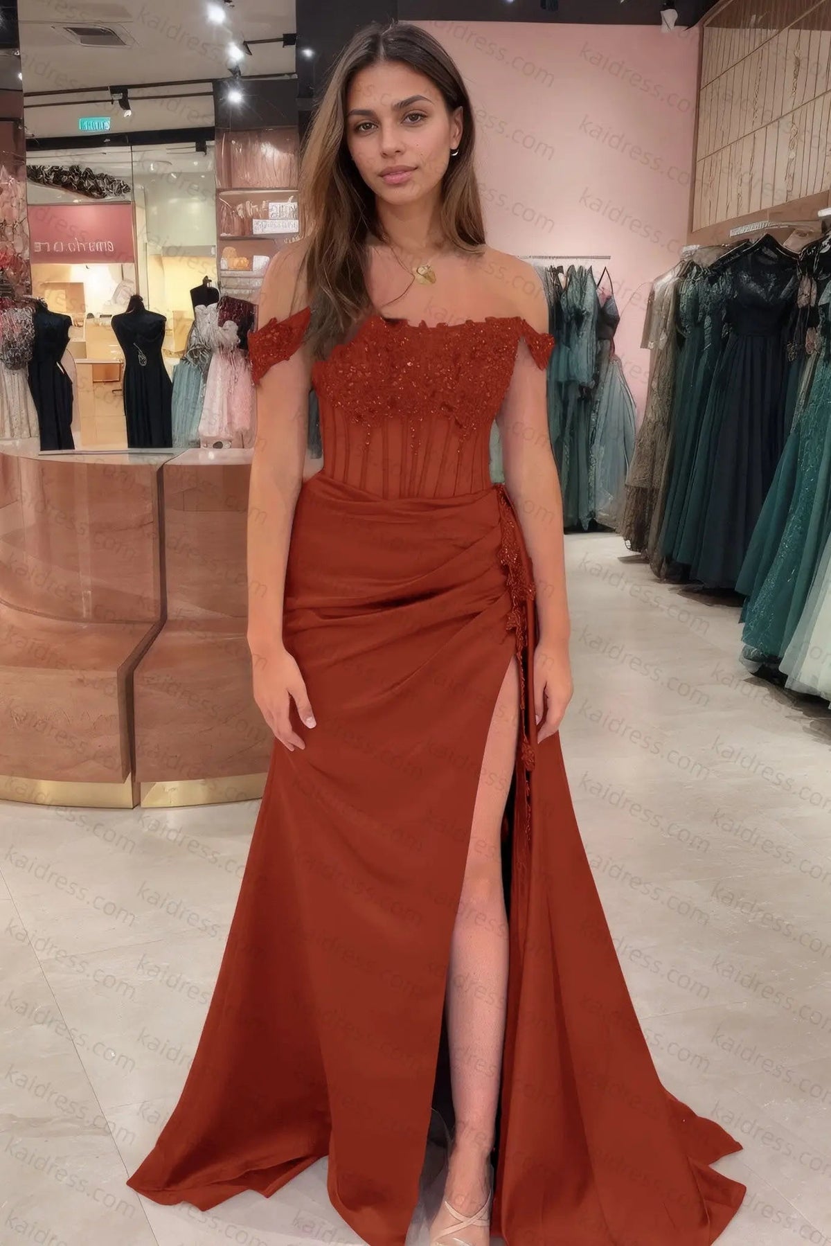 Sheath/Column Off the Shoulder Satin Beaded Prom Dress Burgundy With Appliques Prom Gown