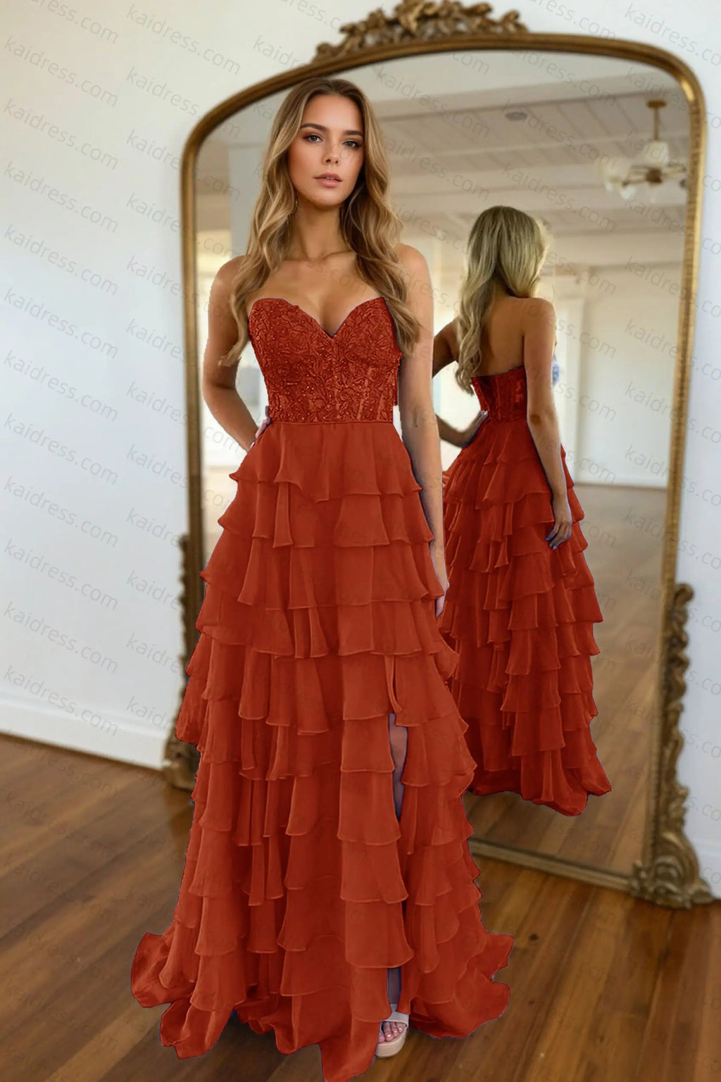 A-line/Princess Chiffon Fuchsia Sweetheart Tiered Ruffles Prom Dress with Slit Applique