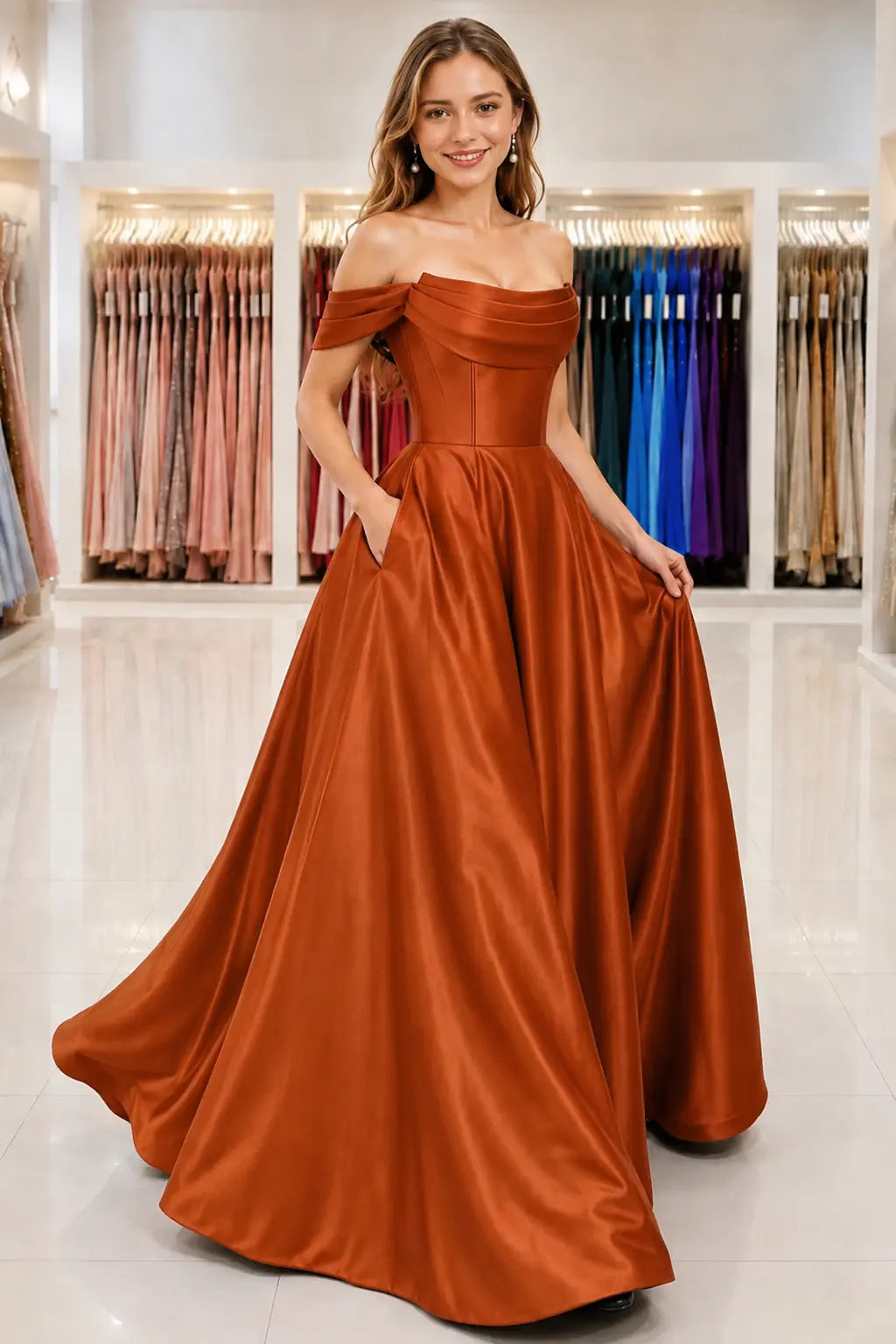 A-Line Satin Long Prom Dress. Simple Off the Shoulder Evening Party Dress With Pockets