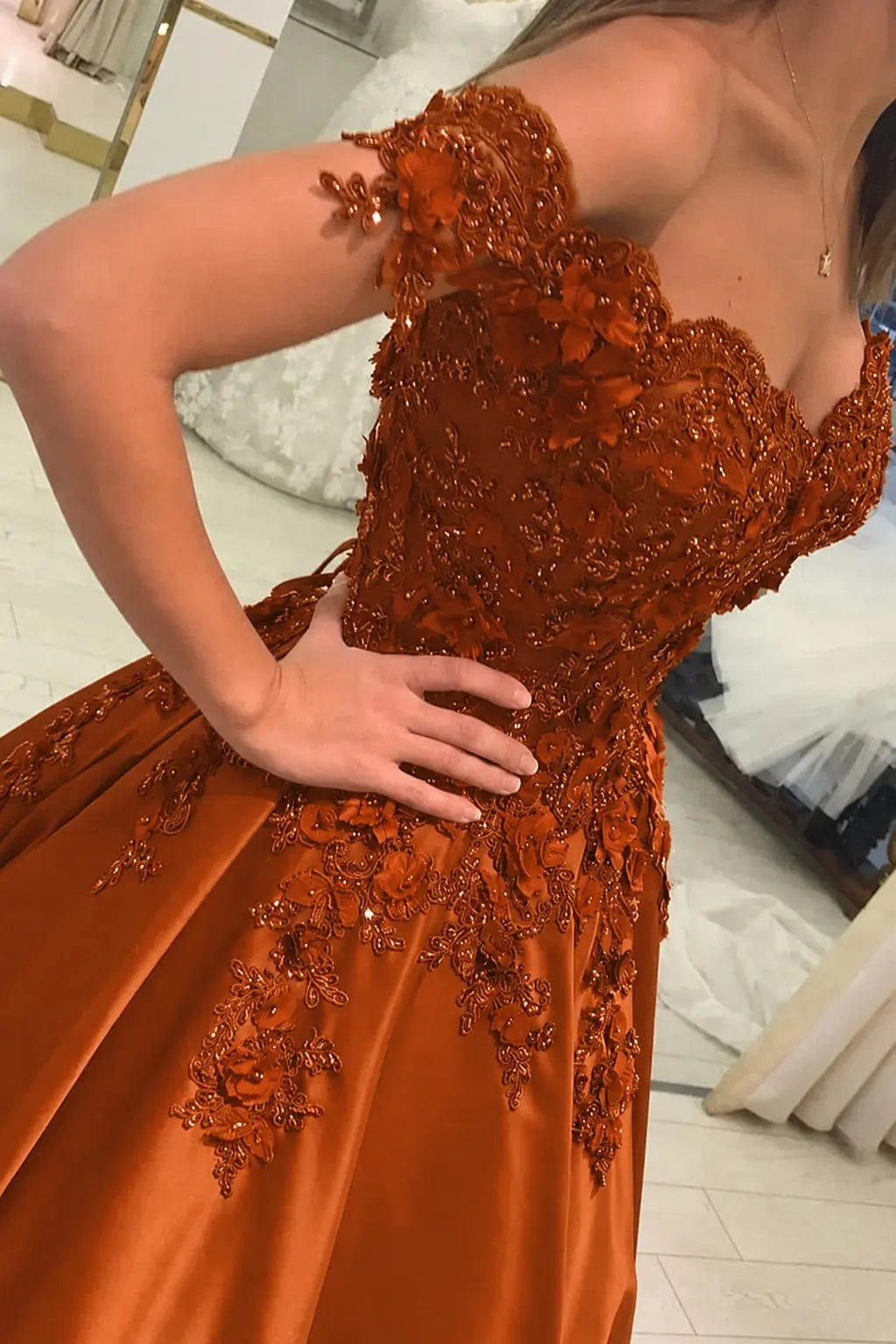 Appliquéd Off-the-Shoulder Satin Princess Prom Dress with Beads
