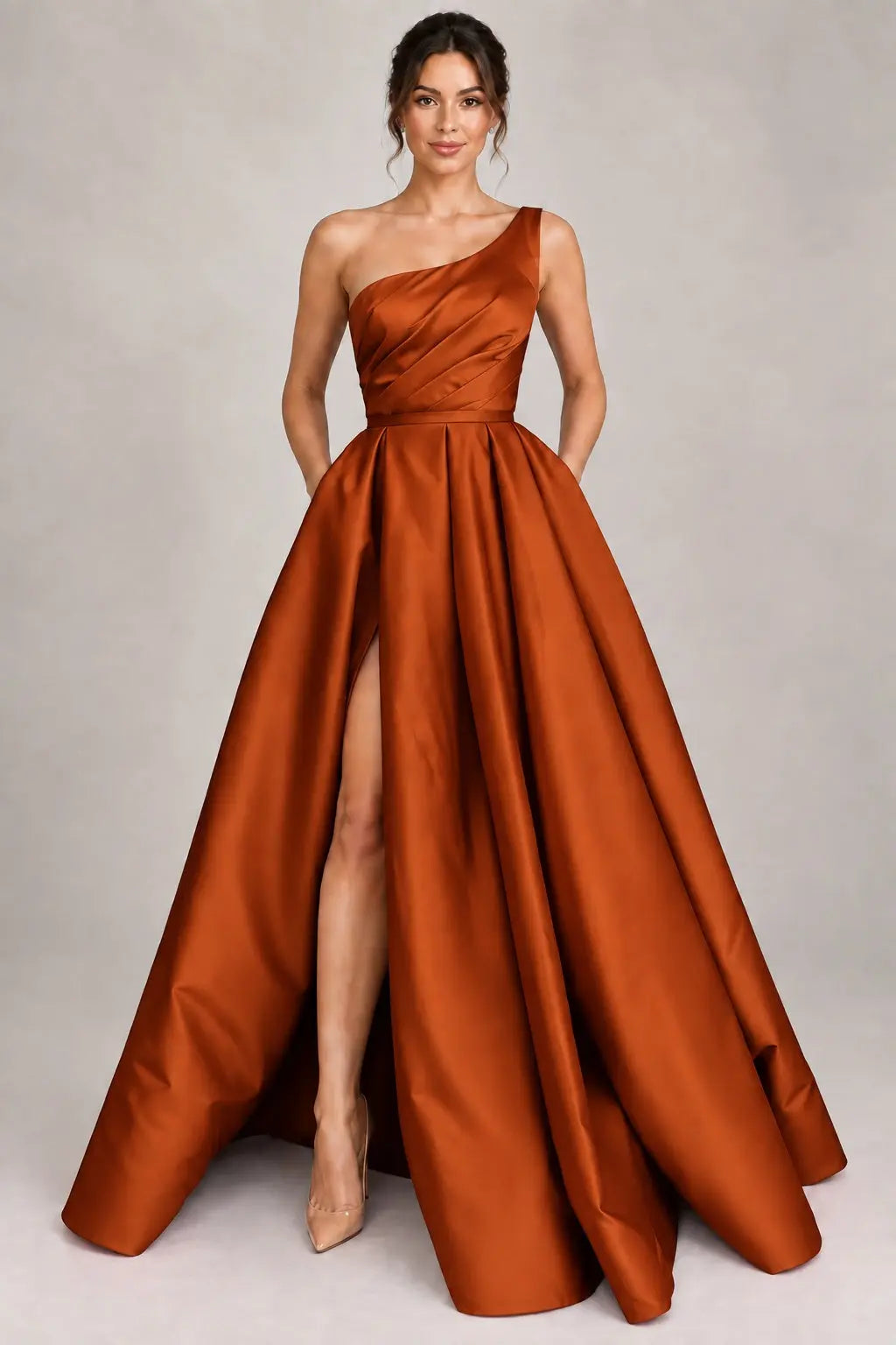 A-line Sleeveless One-Shoulder Long/Floor-Length Satin Prom Dress With Split Ruffles Pockets