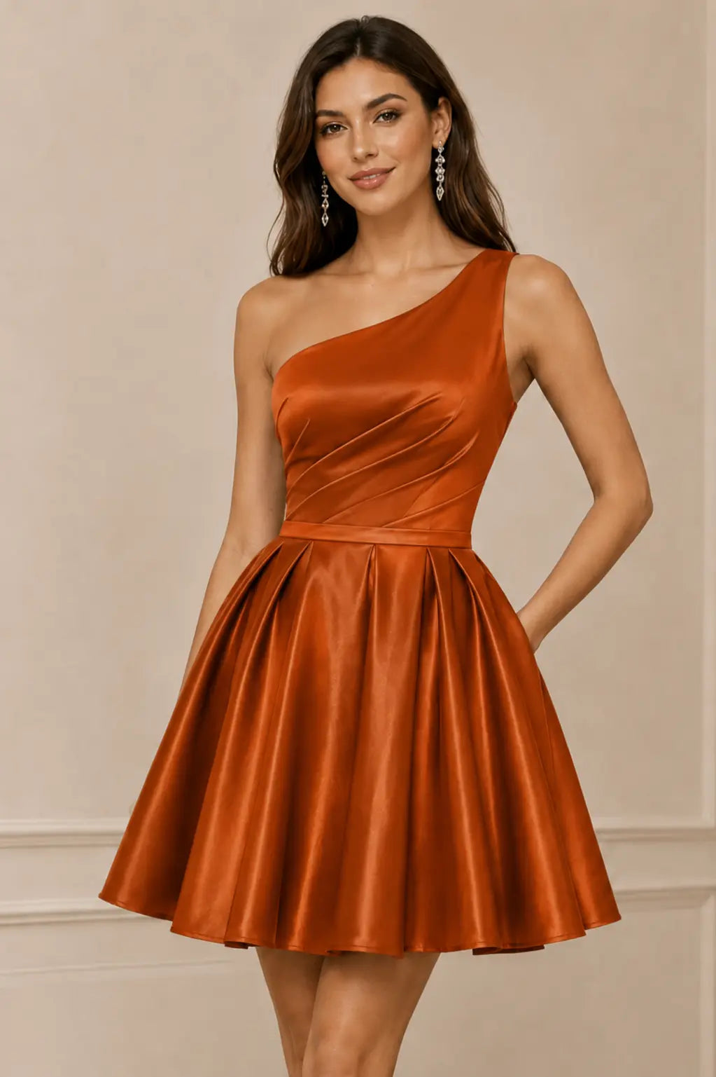 Green One Shoulder Satin Mini A Line Homecoming Dress With Pockets