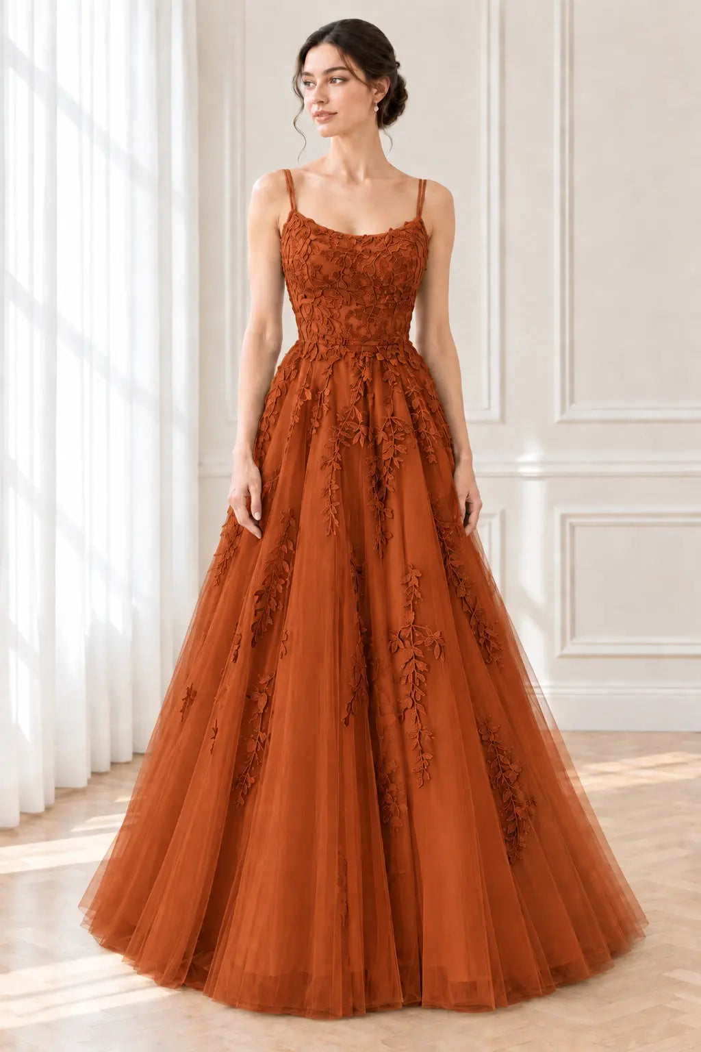 A-Line/Princess Tulle Applique Spaghetti Straps Sleeveless Floor-Length Prom Dresses