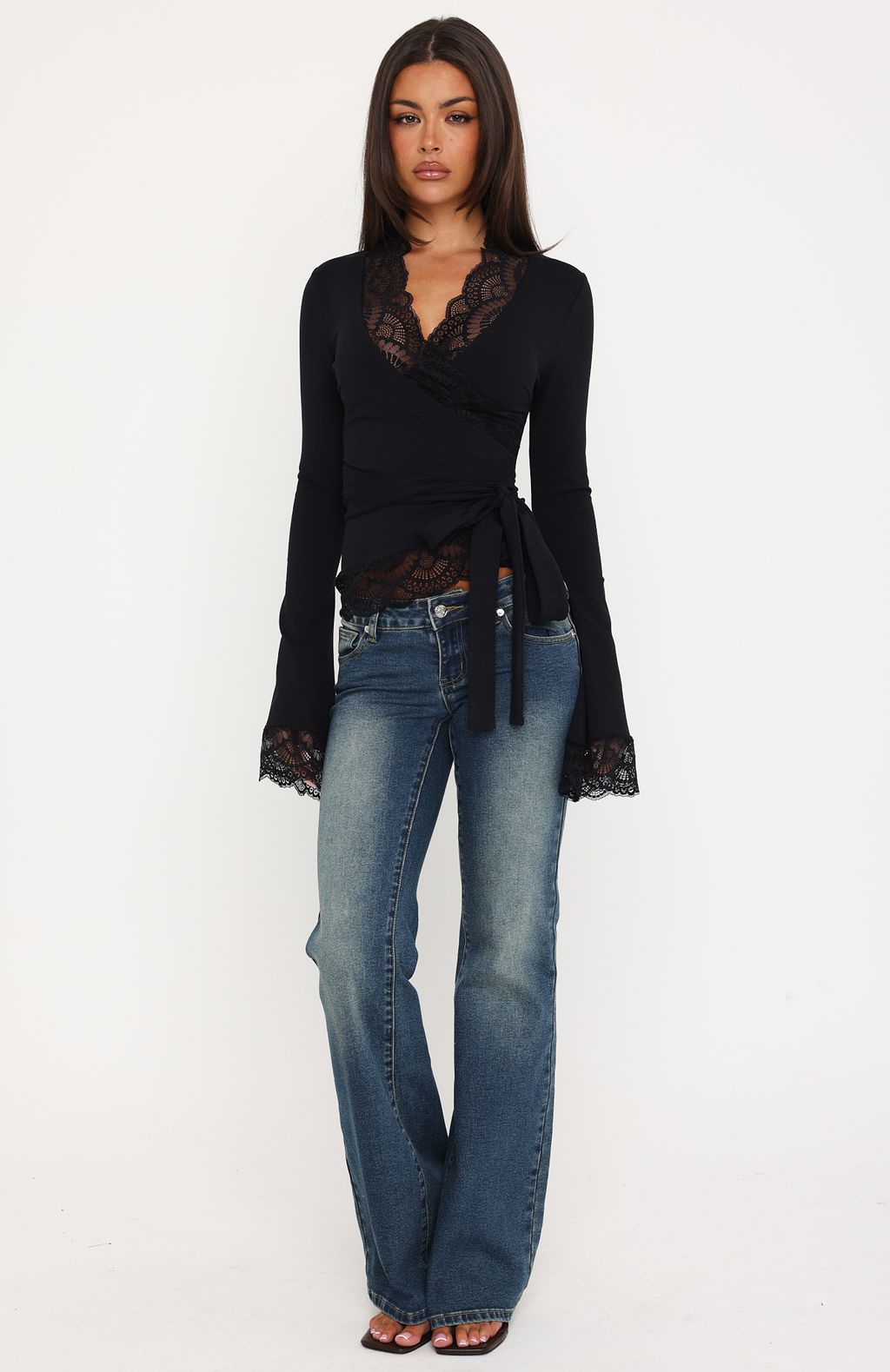 Better Left Unsaid Lace Trim Long Sleeve Top Black