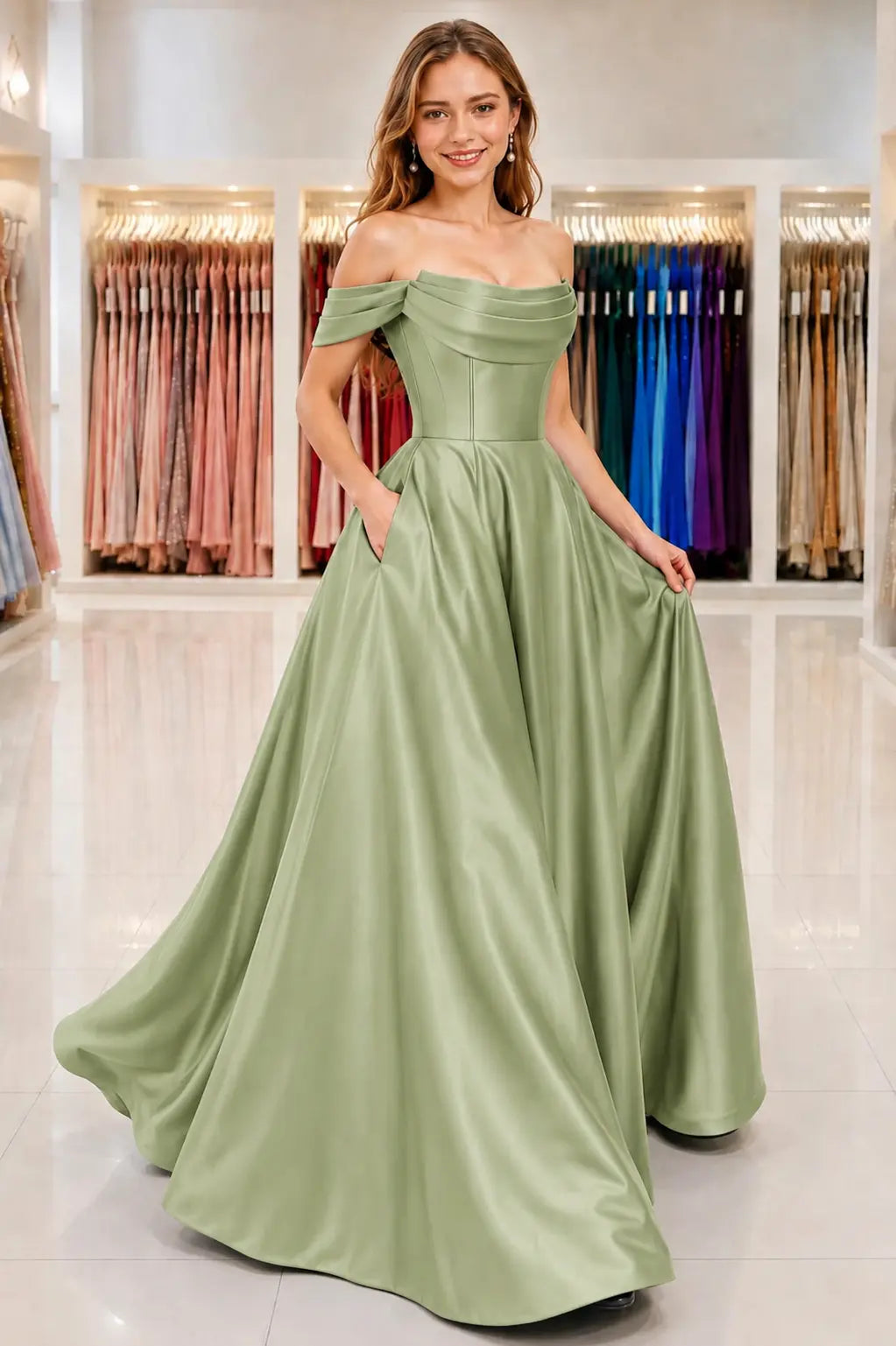 A-Line Satin Long Prom Dress. Simple Off the Shoulder Evening Party Dress With Pockets