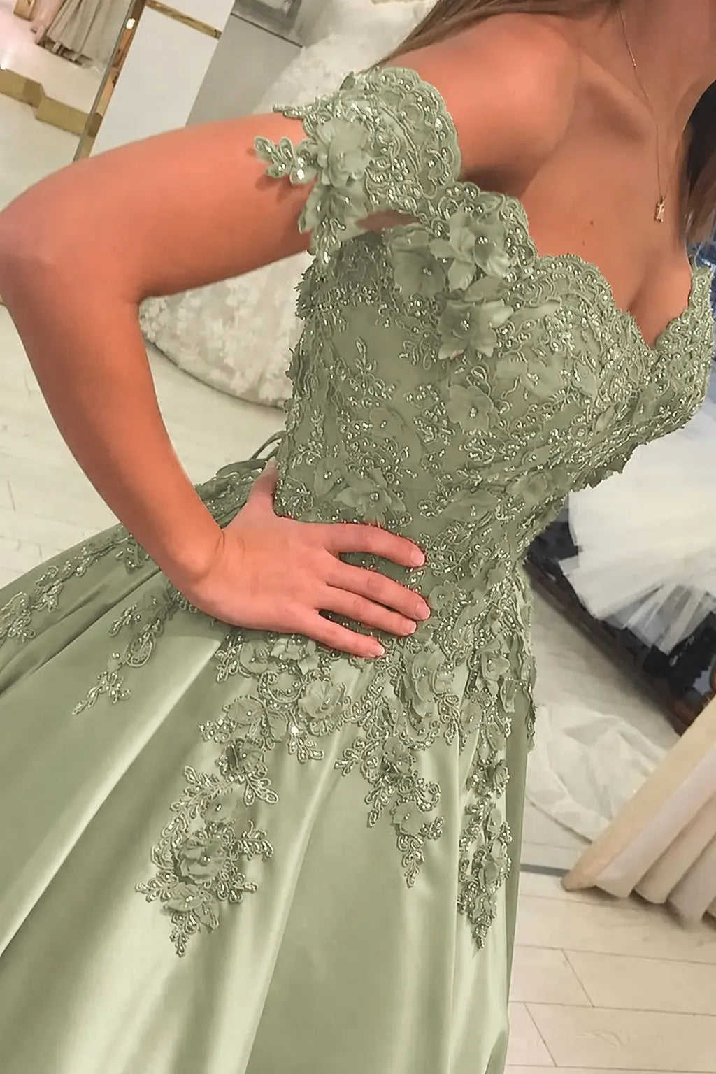 Appliquéd Off-the-Shoulder Satin Princess Prom Dress with Beads