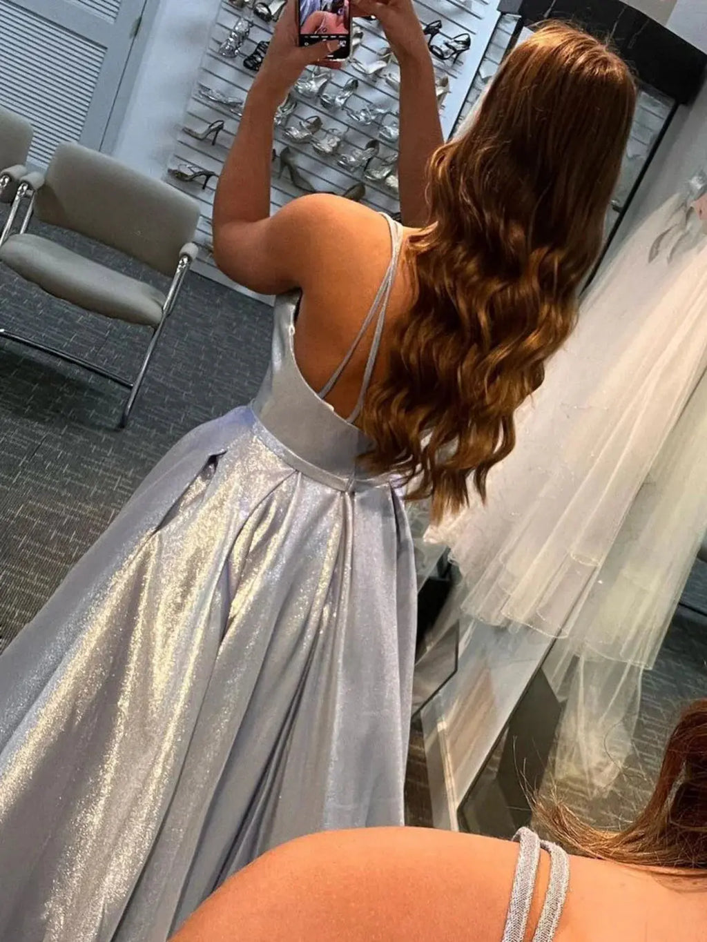 A Line V Neck Silver Gray Long Prom Dresses Silver Gray Long Formal Evening Dresses