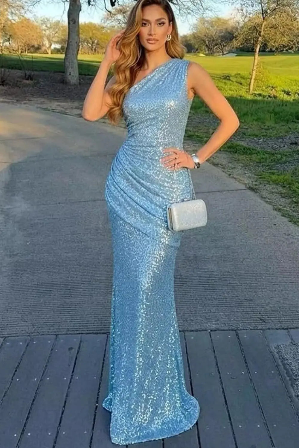 Mermaid Sequin One Shoulder Formal Corset Long Sparkly Sleeveless Prom Dresses