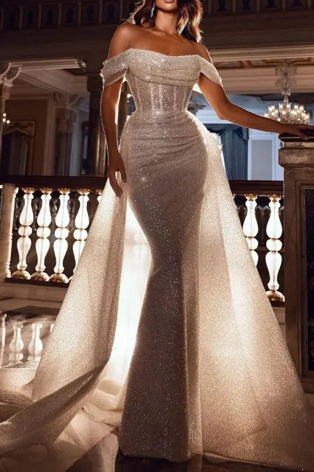 Glamorous Off-the-Shoulder Sequins Prom Dress Mermaid With Ruffle