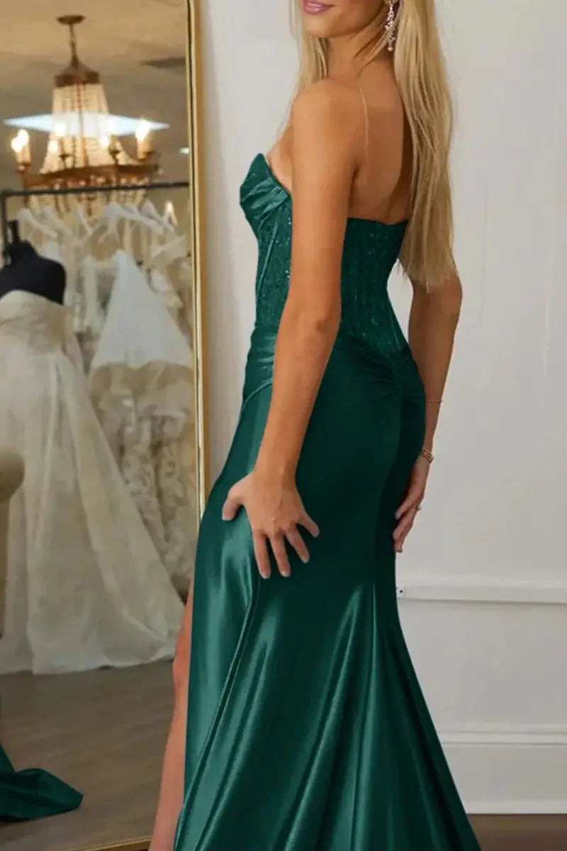 Sheath/Column Beaded Strapless Applique Formal Dress with Slit