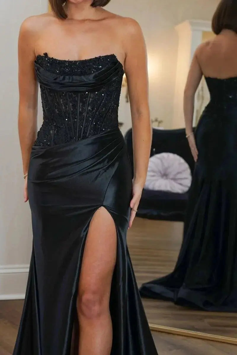 Sheath/Column Beaded Strapless Applique Formal Dress with Slit