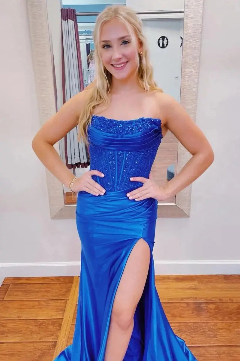Sheath/Column Beaded Strapless Applique Formal Dress with Slit