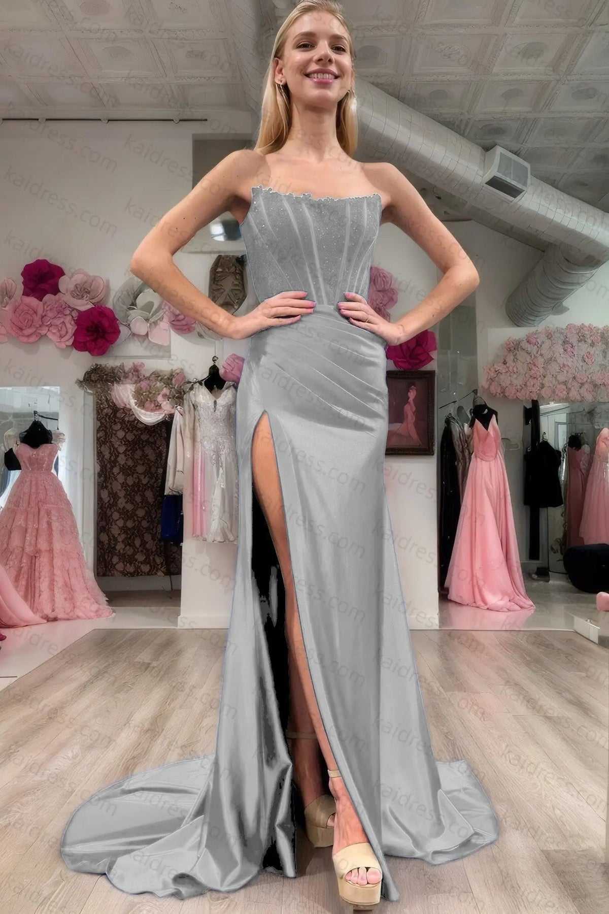 Sheath/Column Elastic Woven Satin Ruched Off-the-Shoulder Sleeveless Sweep/Brush Train Prom Dresses