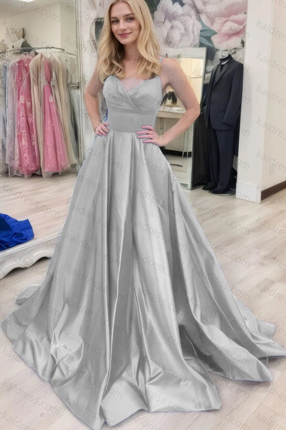A-line V Neck Sleeveless Court Train Satin Prom Dresses With Bowknot Pleated Waistband