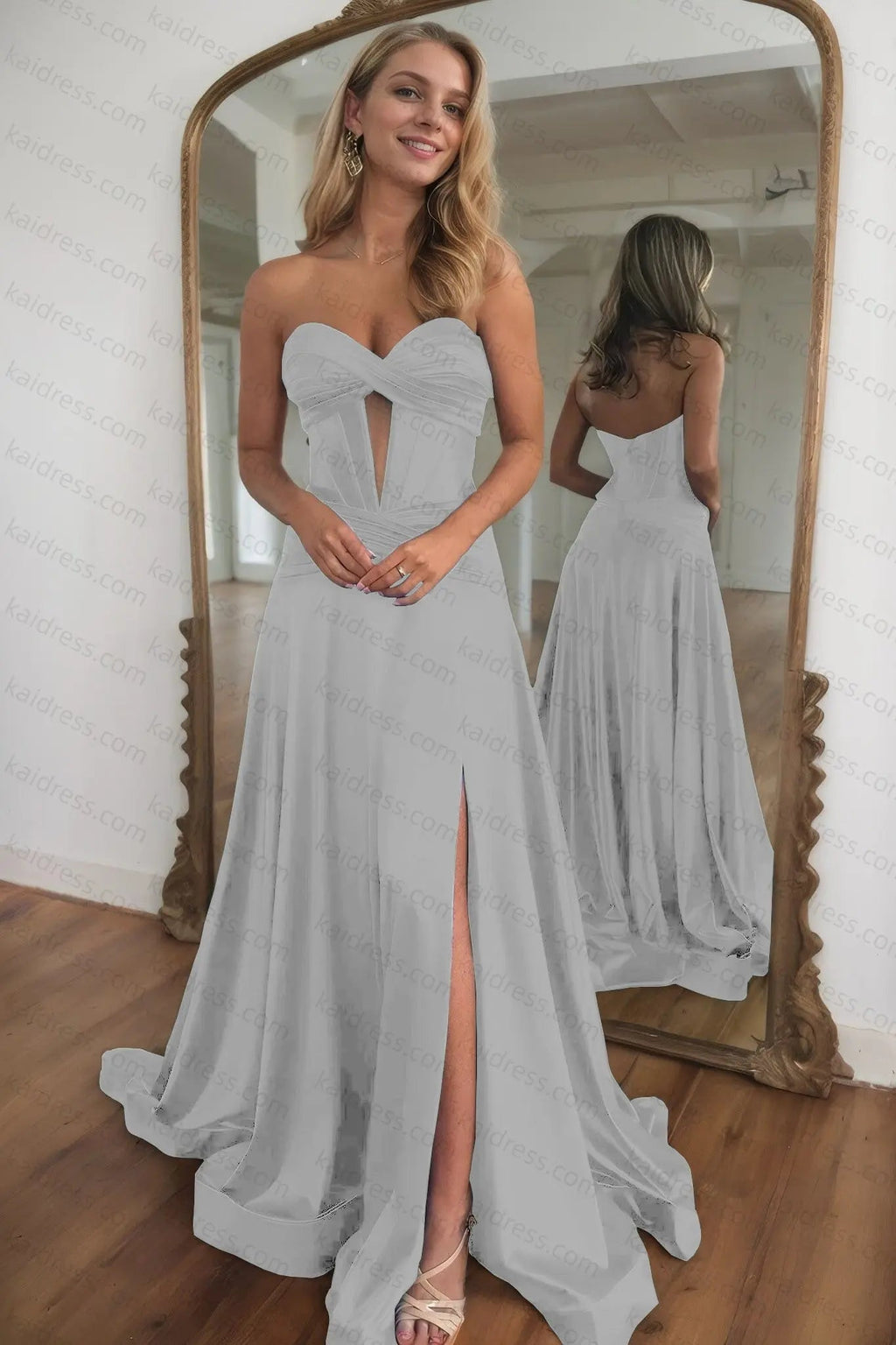A-line Strapless Silk Long Blue Prom Dresses Elegant Evening Dress